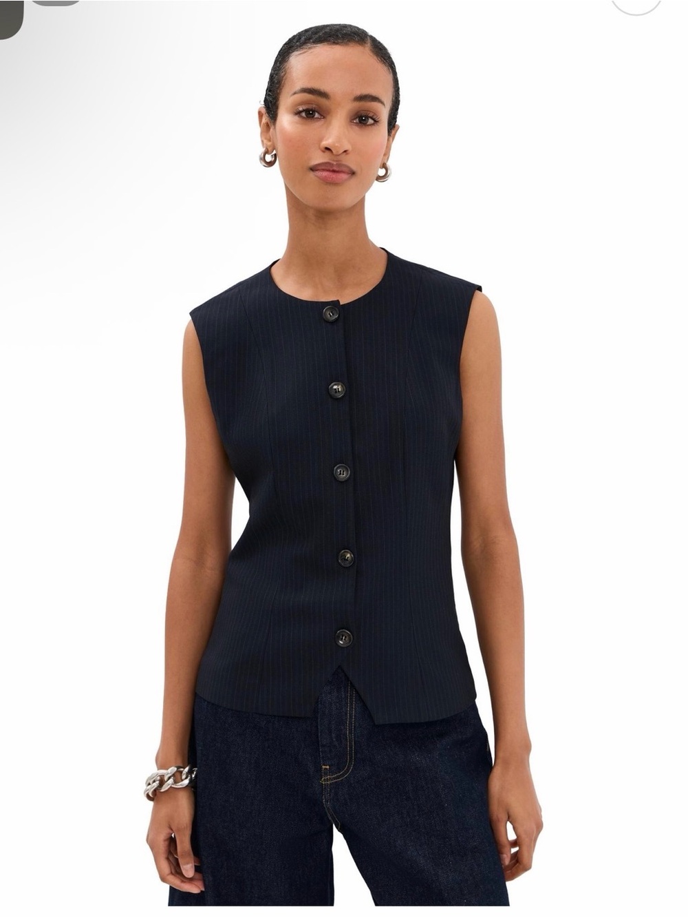 Baum und pferdgarten Sleeveless Navy Pinstripe Button-Front vest Top size US 10 - Picture 2 of 4